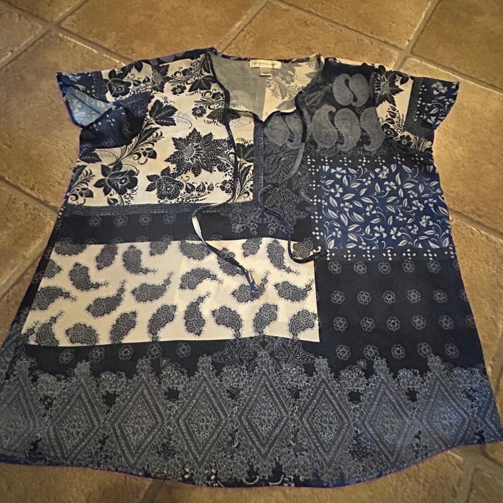 Christopher and Banks Blue White Paisley Floral Patchwork Blouse large
